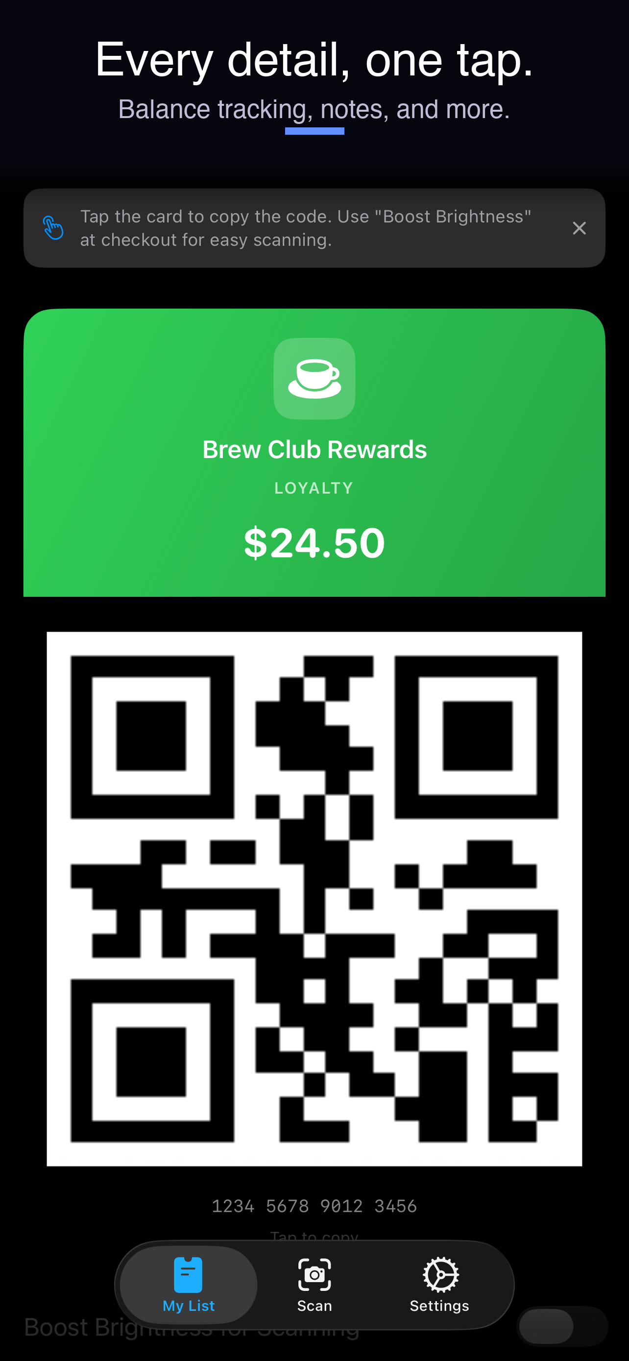 Card detail view with balance and notes